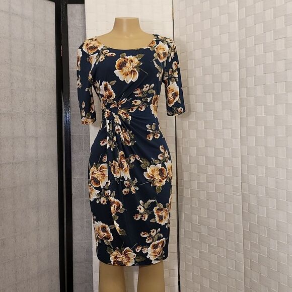 BRAND NEW CONNECTED APPAREL FLORAL COLORBLOCK RUCHED SIDE DESIGN 3/SLEEVE DRESS - Picture 3 of 15